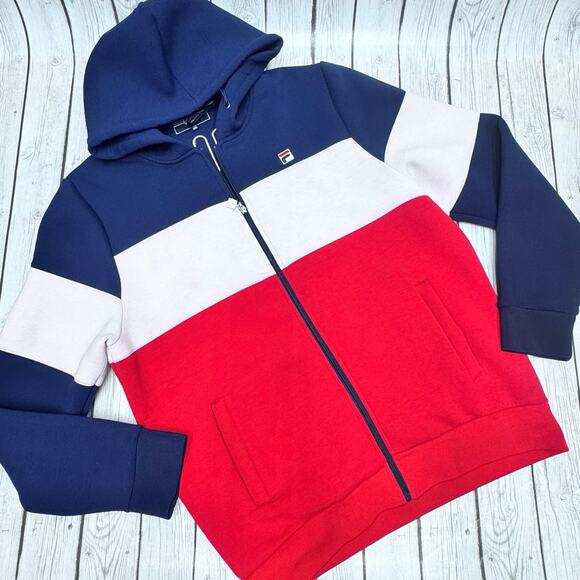 FILA Men’s Hugo Full-Zip Colorblock Panel Hoodie Red White Blue Size 2X-Lg - Picture 1 of 4